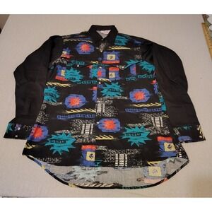Vintage 90s Western Mens Geometric Long Sleeve Black Button Up Shirt XLarge UU